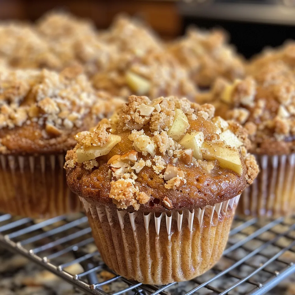 Side view of warm Cinnamon Apple Crisp Muffins with a crumbly topping and diced apples visible.