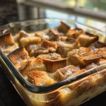 A close-up view of a slice of Cinnamon Toast Bread Pudding topped with caramel sauce.