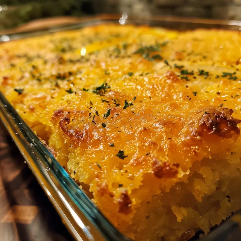 Close-up of a golden-brown cornbread squash casserole with visible yellow squash slices.