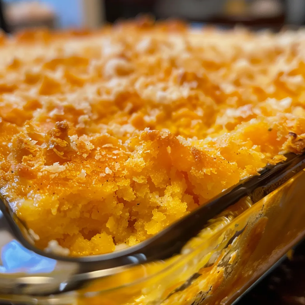 Side view of a baked cornbread casserole featuring a mix of yellow summer squash and cornbread topping.