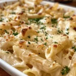 A close-up view of a Cottage Cheese Alfredo Pasta Bake with golden-brown topping.