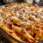 Close-up side view of a creamy baked ziti dish topped with melted mozzarella cheese.