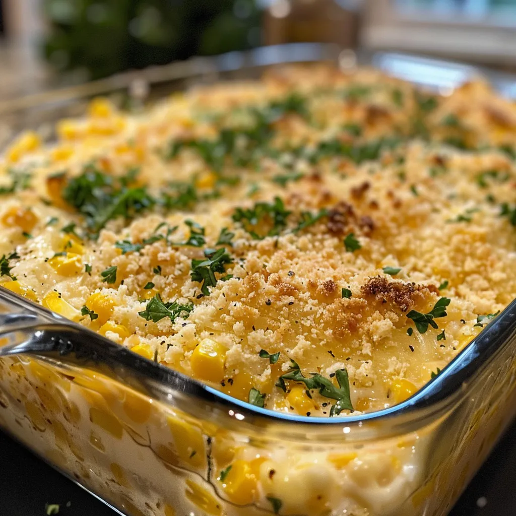 Close-up of a delicious corn casserole, featuring a velvety cream cheese topping in a dish.