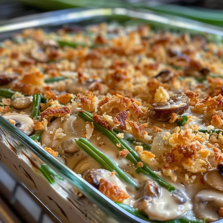Close-up shot of creamy green bean casserole with crispy fried onions on top.