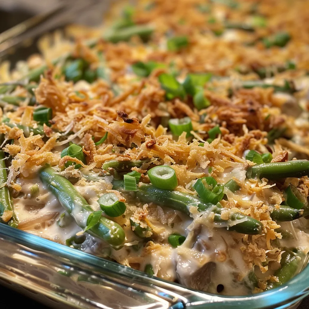 Side view of a delicious green bean casserole layered with cream cheese and toppings.