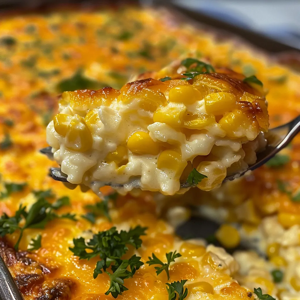 Side view of a deliciously baked creamed corn casserole in a dish.