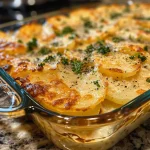 Creamy au gratin potatoes in a baking dish with a golden-brown cheese topping.