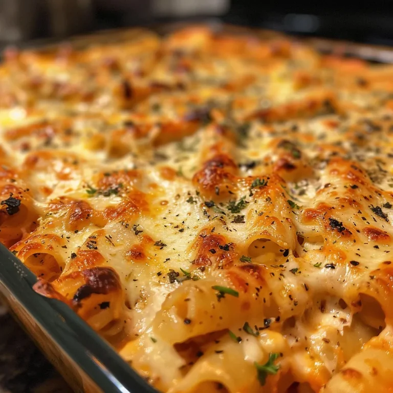 The Ultimate Creamy Cheesy Baked Ziti That Will Steal Your Heart A close-up shot of creamy cheesy baked ziti in a dish, showcasing gooey cheese and pasta layers.