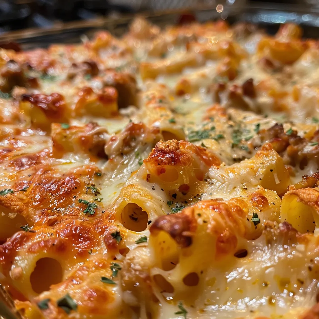 Side view image of baked ziti, revealing melted cheese and rich tomato sauce over pasta.