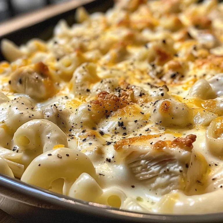 Creamy chicken and macaroni cheese in a bowl, showcasing melted cheese and chunks of chicken.