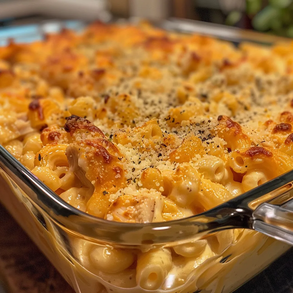 Side view of a creamy chicken mac and cheese dish, featuring a golden cheese crust and tender chicken pieces.