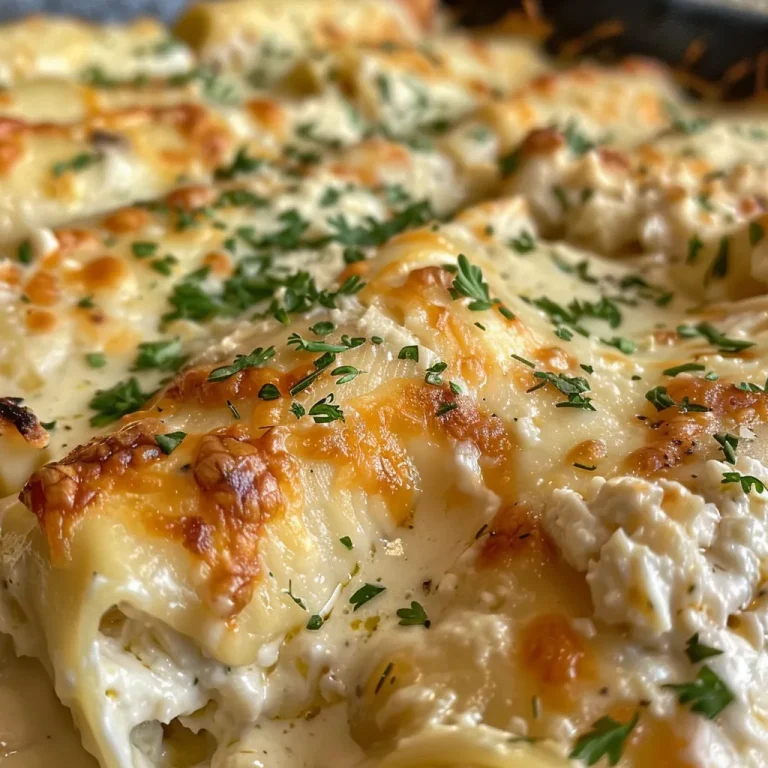 The Creamy Chicken Manicotti Alfredo That Turns Family Nights Into Cozy Feasts Close-up image of creamy chicken manicotti alfredo on a plate with melted cheese.