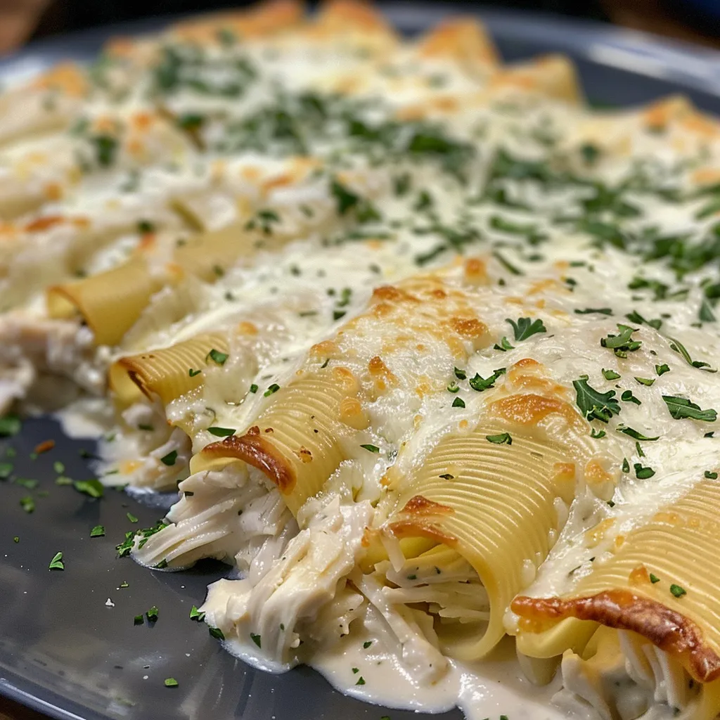 Side view of delicious manicotti filled with shredded chicken and topped with alfredo sauce.