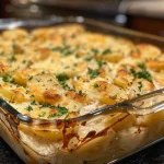 Close-up side view of a creamy chicken potato casserole, showcasing layers of potatoes, chicken, and cheese.
