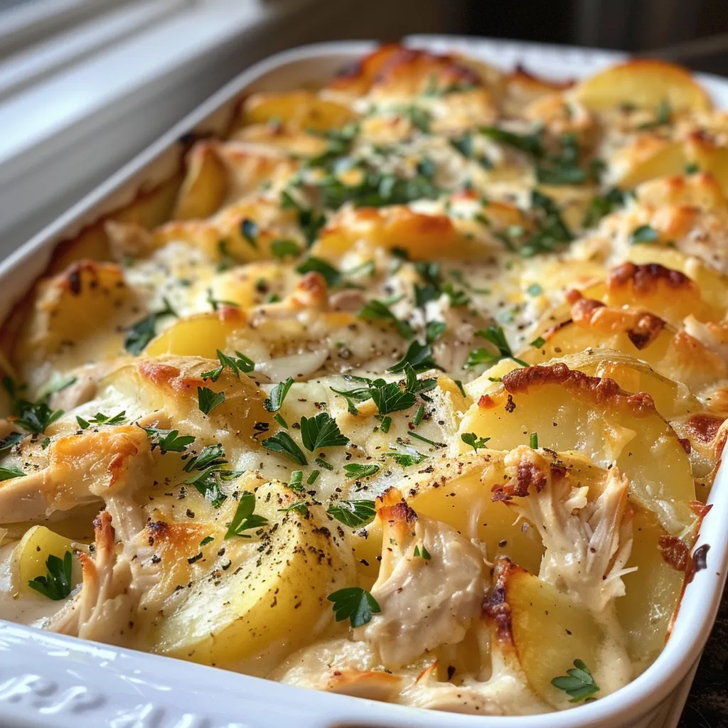 Juicy and delicious creamy chicken potato casserole with visible melted cheese and golden potato slices.