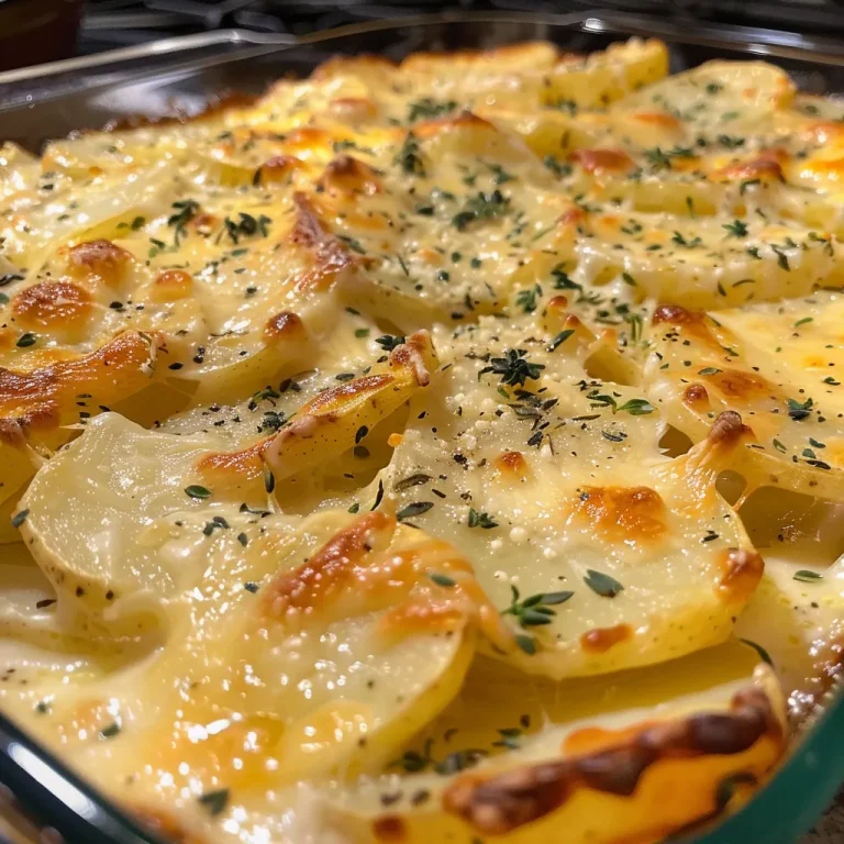 Golden Creamy Potato Gratin: A Warm Embrace on Your Plate Close-up view of creamy golden potato gratin with a crispy top layer.