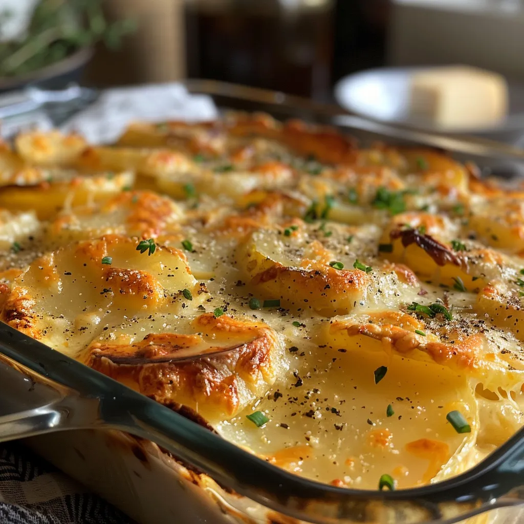 Side angle of a delicious potato gratin, showcasing its creamy texture and golden brown crust.