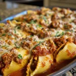 Close-up view of creamy ricotta and beef stuffed pasta shells in marinara sauce.