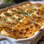 Close-up view of creamy scalloped potatoes with a golden-brown top.