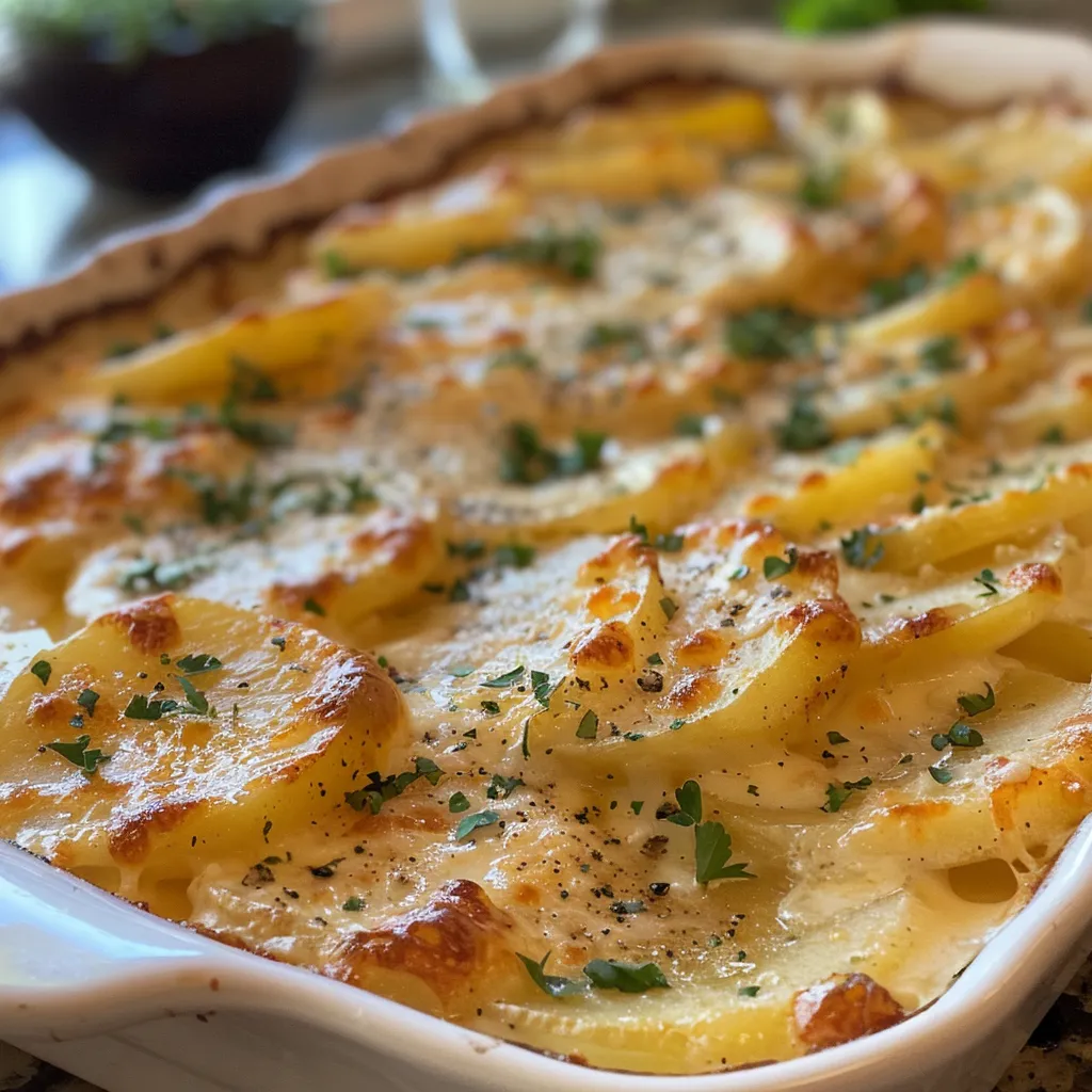 Side profile of baked scalloped potatoes in a dish, showcasing creamy layers.