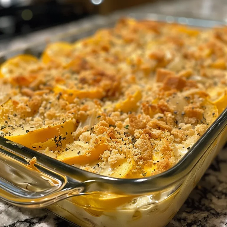 Close-up shot of a creamy yellow squash casserole topped with crispy Ritz crackers.