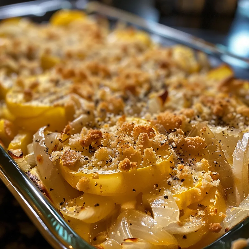 Side view of a delicious yellow squash casserole on a plate, showing layers and textures.