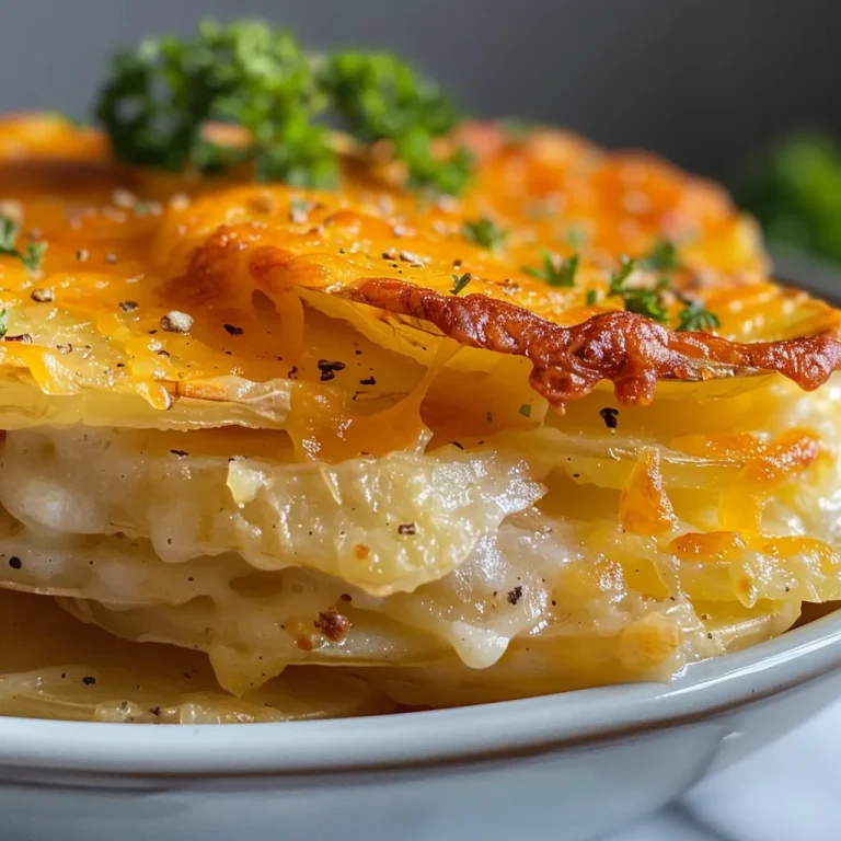 Close-up side view of creamy scalloped potatoes in a crock pot.
