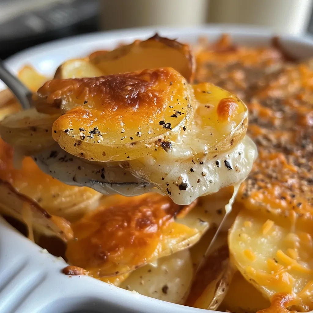 Juicy, golden-brown scalloped potatoes layered with cheese in a slow cooker.