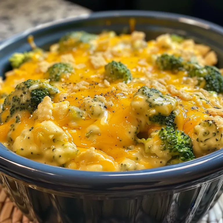 Close-up of a creamy broccoli cheese casserole in a crockpot, showing melted cheese and green broccoli pieces.