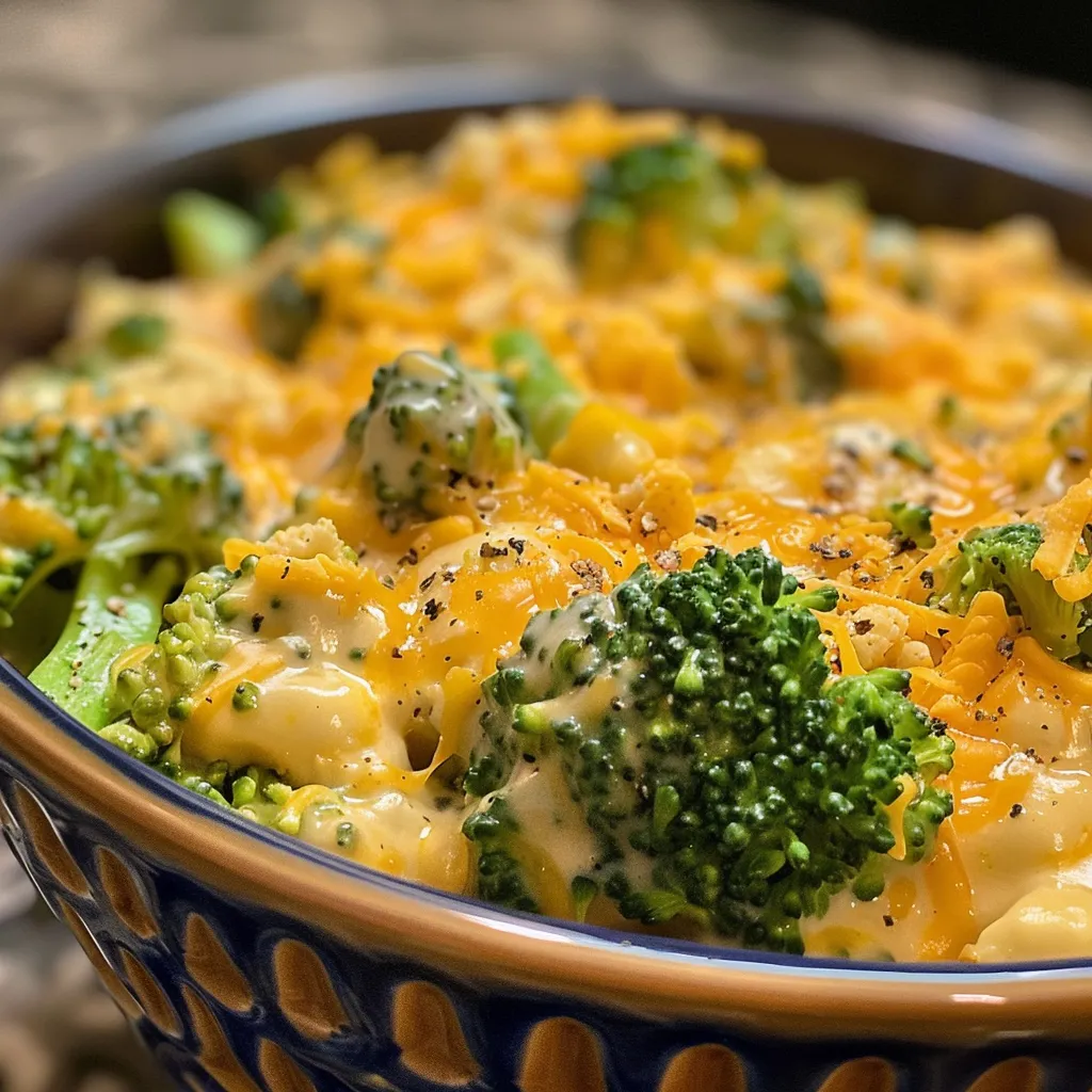 Side view of a delicious broccoli cheese casserole, featuring a golden crust and visible green broccoli.