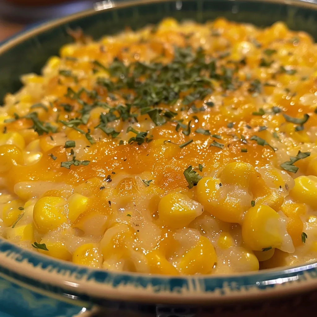 Side view of a creamy corn casserole filled with kernels, displayed in a white crockpot.