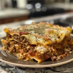 Close-up side view of a juicy crockpot lasagna with layers of cheese and meat.