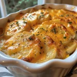 Close-up view of creamy, golden-brown scalloped potatoes in a crockpot.