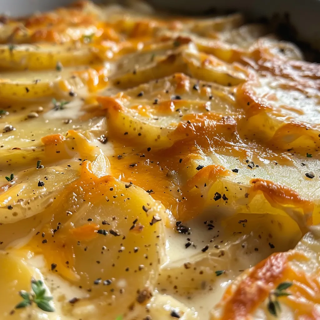 Side view of Crockpot scalloped potatoes, showcasing layers of cheese and potatoes.