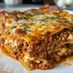 Close-up view of deconstructed lasagna with layers of ground turkey, sausage, cheese, and marinara sauce.