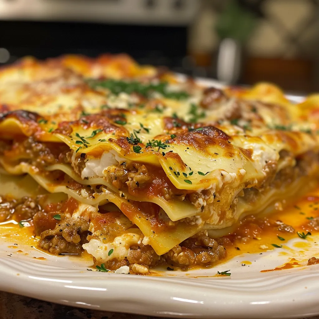 Side view of a delicious deconstructed lasagna featuring ricotta and mozzarella chunks.
