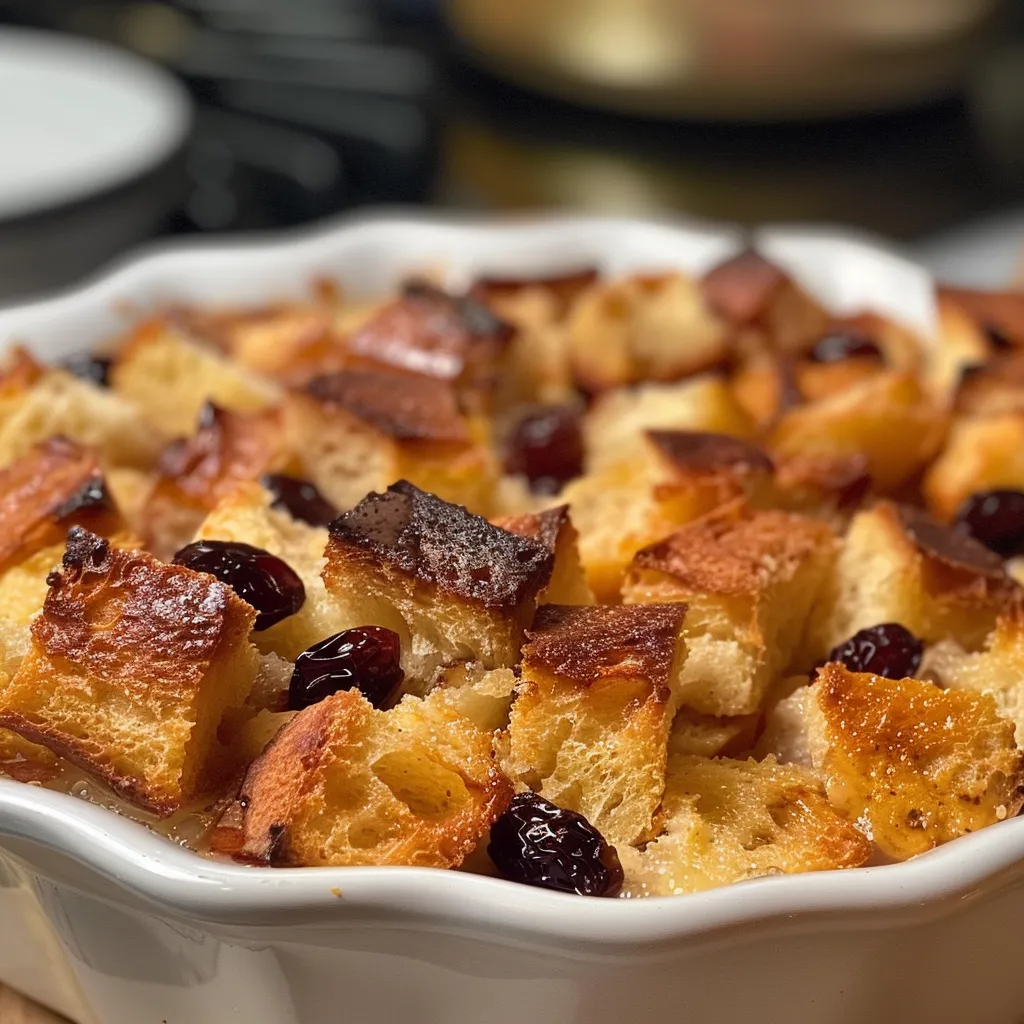 Side view of a luscious bread pudding showcasing its soft texture and ingredients.