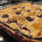 Close-up view of baked cherry cobbler with cake mix, showing juicy cherries and a golden crust.
