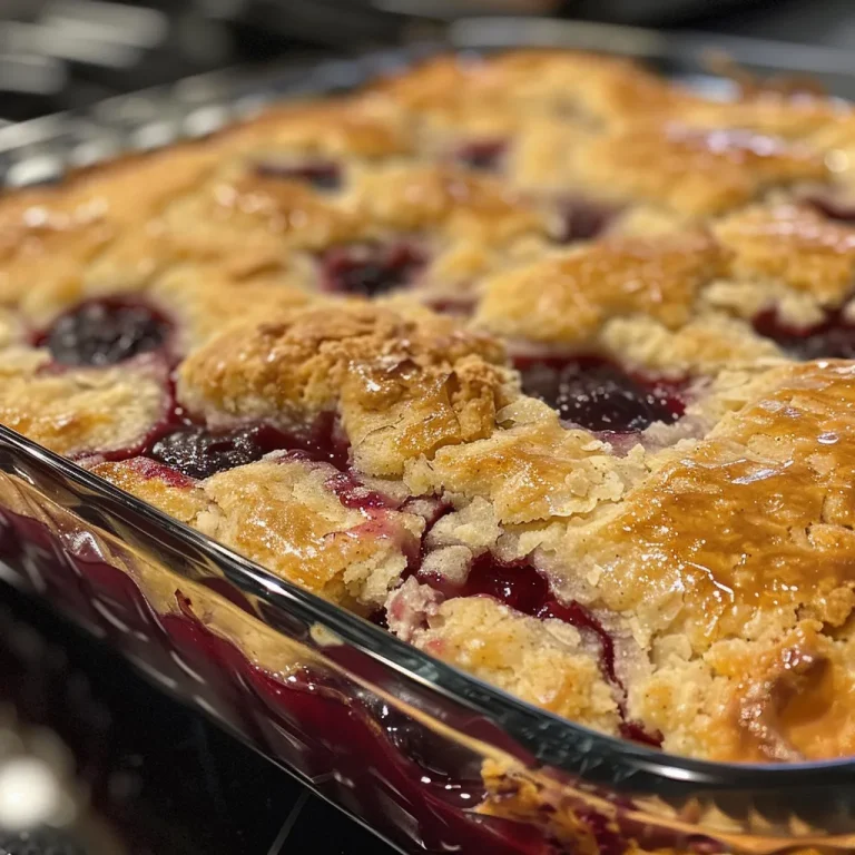 Close-up view of baked cherry cobbler with cake mix, showing juicy cherries and a golden crust.