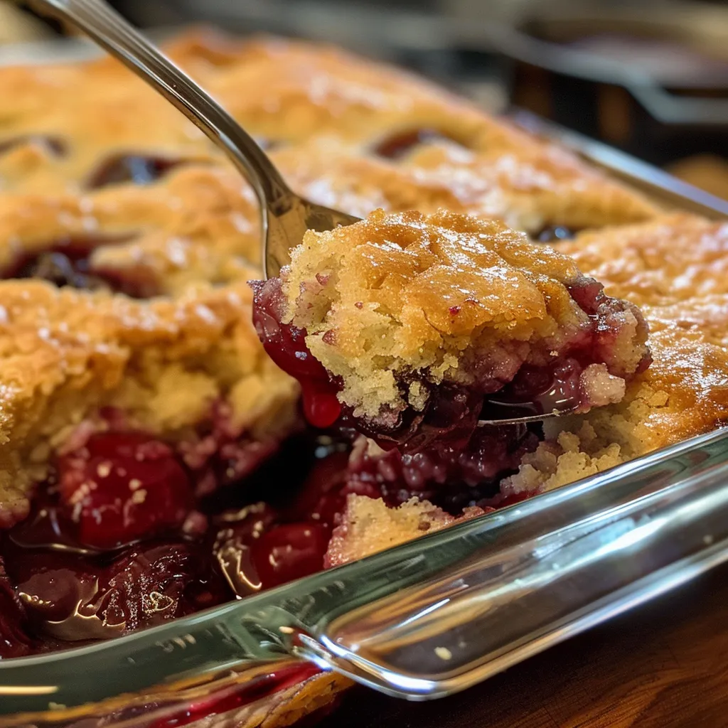 Side view of cherry cobbler in a baking dish, highlighting cherry filling and cake topping.