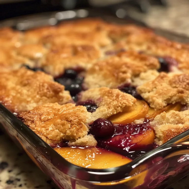 The Easy Cobbler That Will Steal the Show at Any Gathering A close-up view of a freshly baked cobbler topped with juicy fruit.