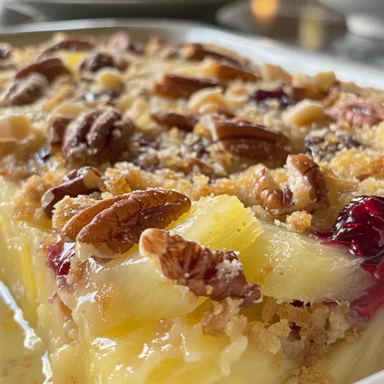 The Dump Cake That Brings Sunshine to Every Bite Close-up side view of a juicy dump cake topped with cherries and pineapple.
