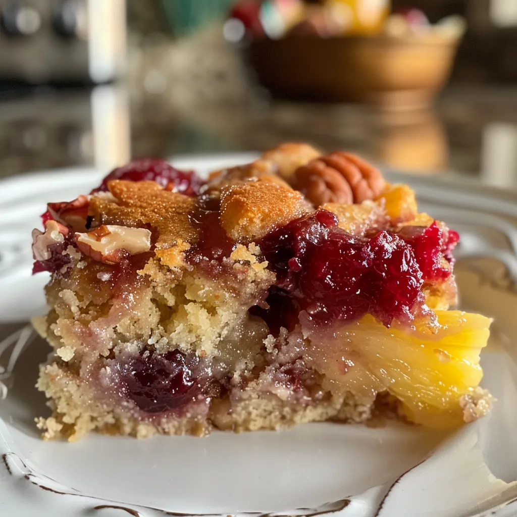 A slice of easy dump cake showing layers of pineapple and cherry filling.