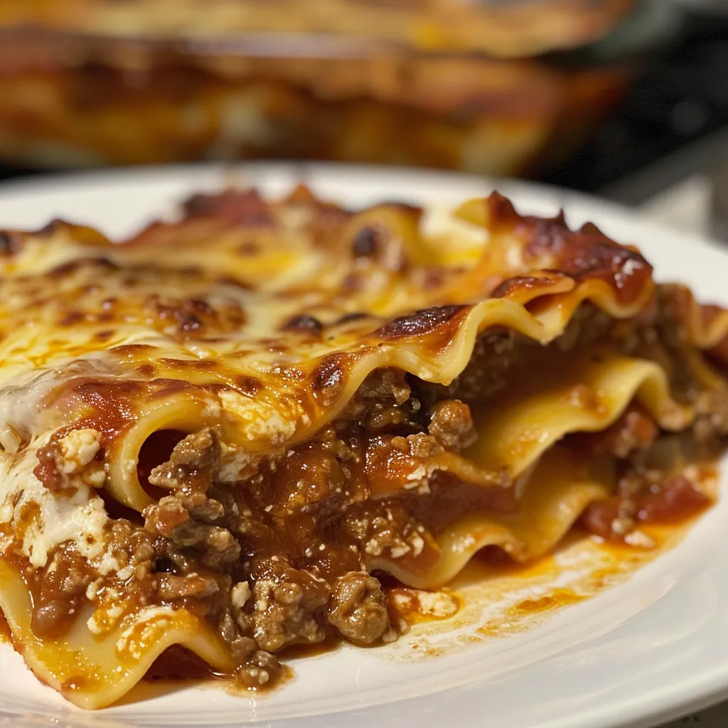 Appetizing egg noodle lasagna showcasing layers of ground beef and melted cheese.