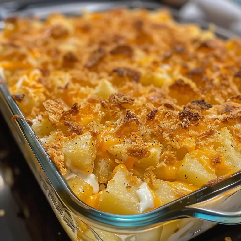 Close-up view of golden-baked funeral potatoes topped with a crispy cornflake crust.