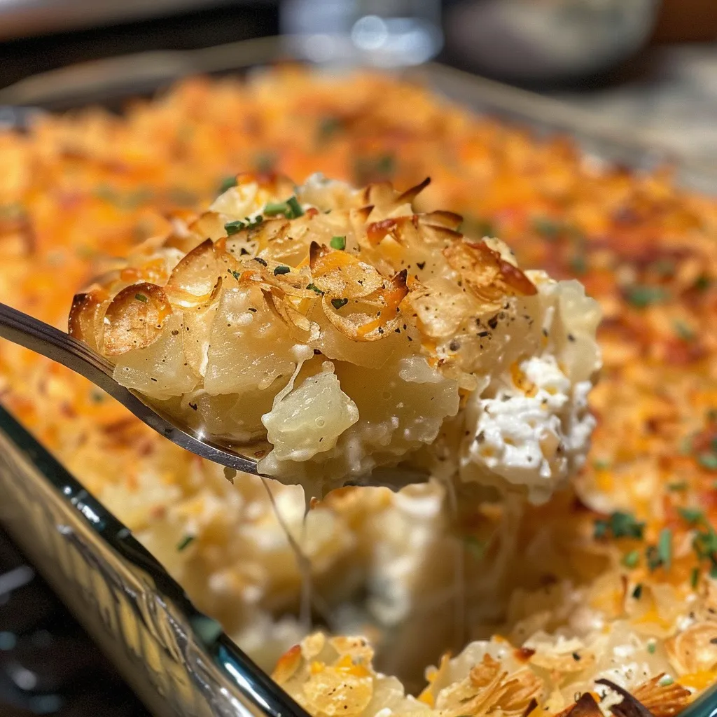 Side angle of creamy funeral potatoes in a casserole dish, showcasing melted cheese and hash browns.