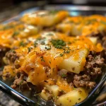 Close-up view of a juicy ground beef casserole with layered potatoes and cheese.