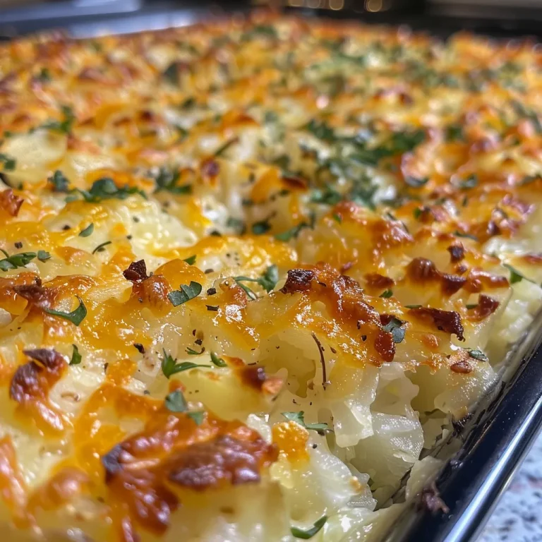 Close-up of a golden, cheesy Hashbrown Casserole topped with melted cheddar.