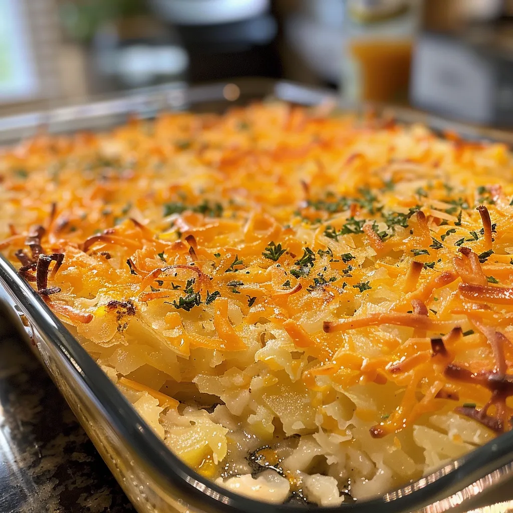 Side view of a hearty Hashbrown Casserole, showcasing crispy edges and creamy interior.