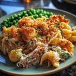 Close-up view of a healthy tuna casserole served in a dish, showcasing pasta and melted cheese.
